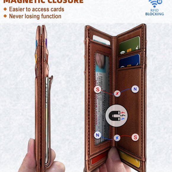 Magnetic RFID Blocking Slim Wallet-Genuine Leather Front Pocket Wallet for Men - Picture 3 of 7